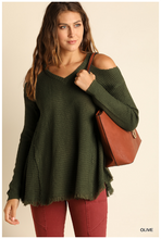 Load image into Gallery viewer, Olive Cold Shoulder V-Neck Knit Sweater with Frayed Hemline