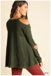Olive Cold Shoulder V-Neck Knit Sweater with Frayed Hemline