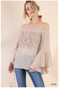 Off the Shoulder Floral Lace Bell Sleeve Blouse