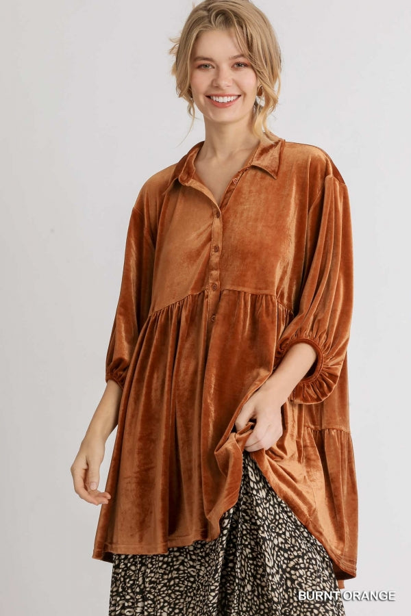 Velvet 3/4 Sleeve Collar Button Down Tunic with Tiered Back and High Low Hem