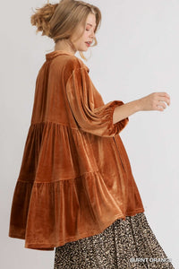 Velvet 3/4 Sleeve Collar Button Down Tunic with Tiered Back and High Low Hem