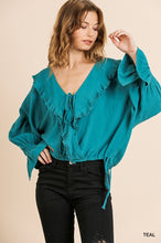 Load image into Gallery viewer, Teal Ruffle Sleeve V-Neck Crossbody Ruffle Top