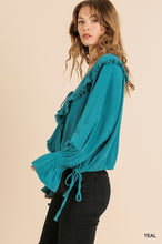 Load image into Gallery viewer, Teal Ruffle Sleeve V-Neck Crossbody Ruffle Top