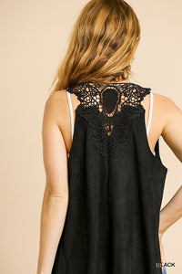 Black Suede Vest with Lace Detail and Fringe