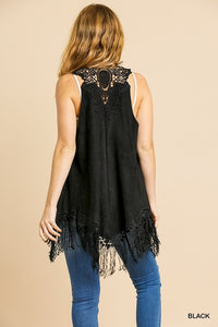 Black Suede Vest with Lace Detail and Fringe