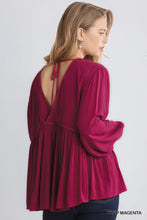 Load image into Gallery viewer, Magenta V-Neck Balloon Sleeve Lace Trim Babydoll Top with Open Back