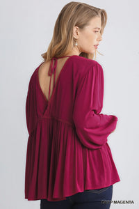 Magenta V-Neck Balloon Sleeve Lace Trim Babydoll Top with Open Back