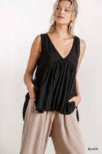 Load image into Gallery viewer, Black Linen Blend Deep V-Neck Sleeveless Babydoll Top with  Open Back