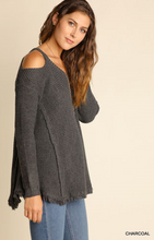 Load image into Gallery viewer, Lightweight Gray Cold Shoulder V-Neck Sweater with Frayed Hem by Umgee