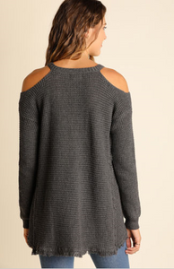 Lightweight Gray Cold Shoulder V-Neck Sweater with Frayed Hem by Umgee