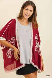 Wine Open Front Kimono with Embroidered Details