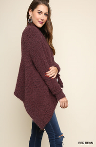 Red Bean Long Sleeve Open Front Cardigan With High Low Sharkbite Hem