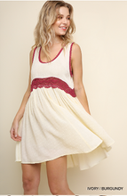 Load image into Gallery viewer, Ivory Polka Dot Sleeveless Dress with Maroon Lace Trim