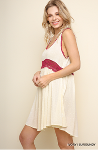Ivory Polka Dot Sleeveless Dress with Maroon Lace Trim