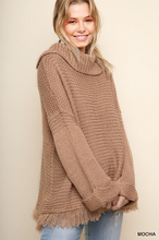 Load image into Gallery viewer, Mocha Split Turtleneck Knit Pullover Sweater With Frayed Hem