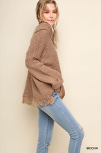 Load image into Gallery viewer, Mocha Split Turtleneck Knit Pullover Sweater With Frayed Hem