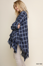 Load image into Gallery viewer, Navy Mix Plaid Long Sleeve Collared Hi Low Top with Asymmetrical Frayed Hem