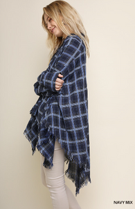 Navy Mix Plaid Long Sleeve Collared Hi Low Top with Asymmetrical Frayed Hem