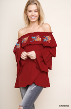Load image into Gallery viewer, Floral Embroidered Ruffle Off Shoulder Top with Layered Tier Ruffle Sleeves
