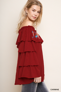 Floral Embroidered Ruffle Off Shoulder Top with Layered Tier Ruffle Sleeves