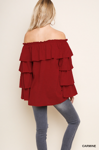 Floral Embroidered Ruffle Off Shoulder Top with Layered Tier Ruffle Sleeves