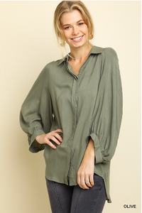 Olive 3/4 Sleeve Button Front Blouse with Scoop Hem and Gathered Back Detail