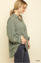 Load image into Gallery viewer, Olive 3/4 Sleeve Button Front Blouse with Scoop Hem and Gathered Back Detail
