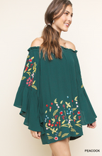 Load image into Gallery viewer, Peacock Off the Shoulder Bell Sleeve Dress With Floral Embroidery