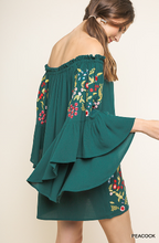 Load image into Gallery viewer, Peacock Off the Shoulder Bell Sleeve Dress With Floral Embroidery