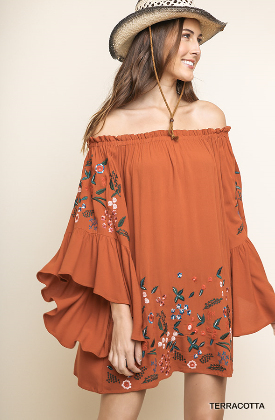 Terracotta Off the Shoulder Bell Sleeve Dress With Floral Embroidery