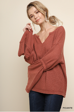 Load image into Gallery viewer, Garment Dyed Bell Sleeve Waffle Knit V-Neck Top