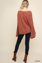 Load image into Gallery viewer, Garment Dyed Bell Sleeve Waffle Knit V-Neck Top