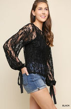 Load image into Gallery viewer, Umgee Black Sheer Floral Lace Top with Ribbon Tie Bell Sleeves