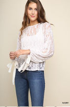 Load image into Gallery viewer, Umgee Ivory Sheer Floral Lace Top with Ribbon Tie Bell Sleeves