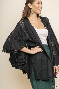 Lace Ruffle Sleeve Open Front Kimono With Side Slits