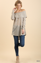 Load image into Gallery viewer, Gold Off the Shoulder Fold-Over Glitter Sweater with High Low Hem