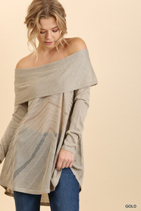 Gold Off the Shoulder Fold-Over Glitter Sweater with High Low Hem