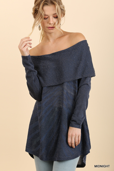 Midnight Off the Shoulder Fold-Over Glitter Sweater with High Low Hem