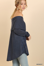 Load image into Gallery viewer, Midnight Off the Shoulder Fold-Over Glitter Sweater with High Low Hem