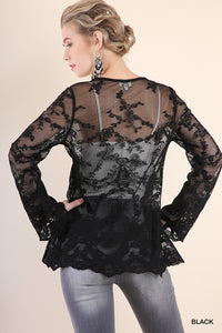 Sheer Lace Bell Sleeve V-Neck Babydoll Tunic