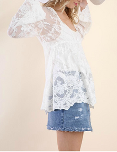 Sheer Lace Bell Sleeve Babydoll Top