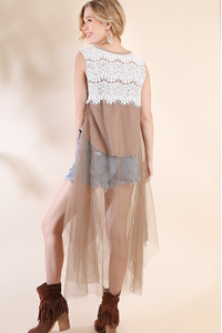Sleeveless Top With Lace Racerback Panel and Long Sheer Body