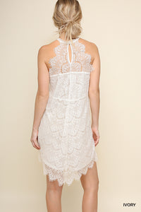 Halter Neck Ivory Lace Dress with Scalloped Trim