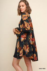 Floral Print Collared Dress with Ruffled Long Sleeves