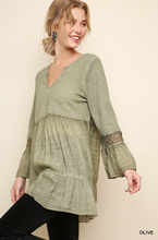 Load image into Gallery viewer, Washed/Ribbed V-Neck Babydoll Tunic with Ruffled Hem and Crochet Trimmed Bell Sleeves