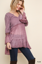 Load image into Gallery viewer, Washed/Ribbed V-Neck Babydoll Tunic with Ruffled Hem and Crochet Trimmed Bell Sleeves