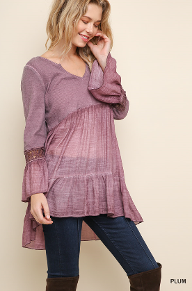 Washed/Ribbed V-Neck Babydoll Tunic with Ruffled Hem and Crochet Trimmed Bell Sleeves