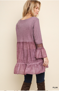 Washed/Ribbed V-Neck Babydoll Tunic with Ruffled Hem and Crochet Trimmed Bell Sleeves