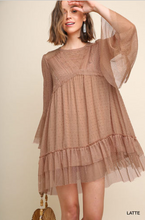Load image into Gallery viewer, Latte Floral Lace and Polka Dot Dress With Ruffle Trim