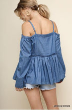 Load image into Gallery viewer, Umgee Denim Open Shoulder Long Sleeve Top with Ruffle Trim